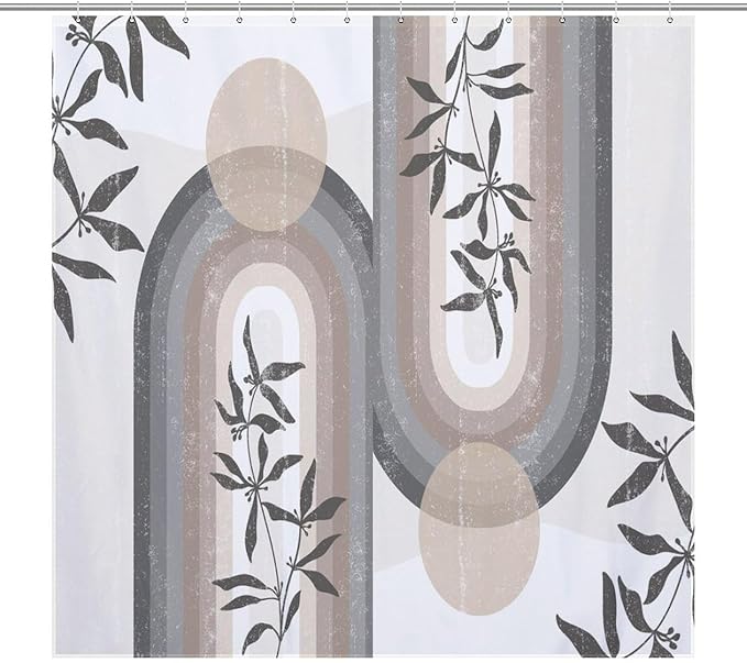 Boho Leaf Mid Century Shower Curtains, Bohemian Plant Mid Century Tropical Abstract Modern Washable Waterproof Fabric for Bathroom Decor Bathtub with 12 Hooks 72x72in (183x183cm)