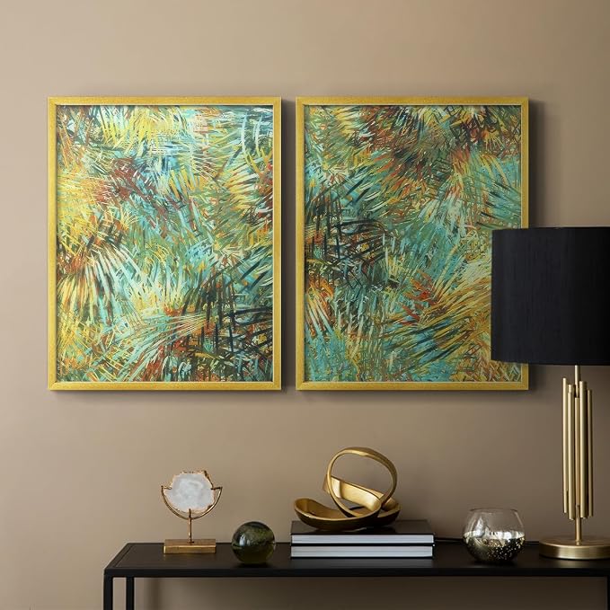 Renditions Gallery Set of 2 Peel & Stick Framed Prints, Nature Abstract Wall Art, Green Leafy Design Wall Decor, Re-Stickable - Ready to Hang - 16"x20" - GOLD Frame LT588