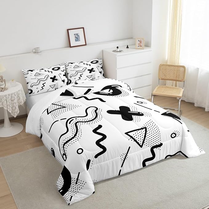 Manfei Memphis Comforter Set King Size, Retro 80s 90s Fashion Style Quilt Set with 2 Pillowcases, Geometric Black White Bedding Set 3pcs for Kids Boys Room Decor Lightweight Duvet Insert