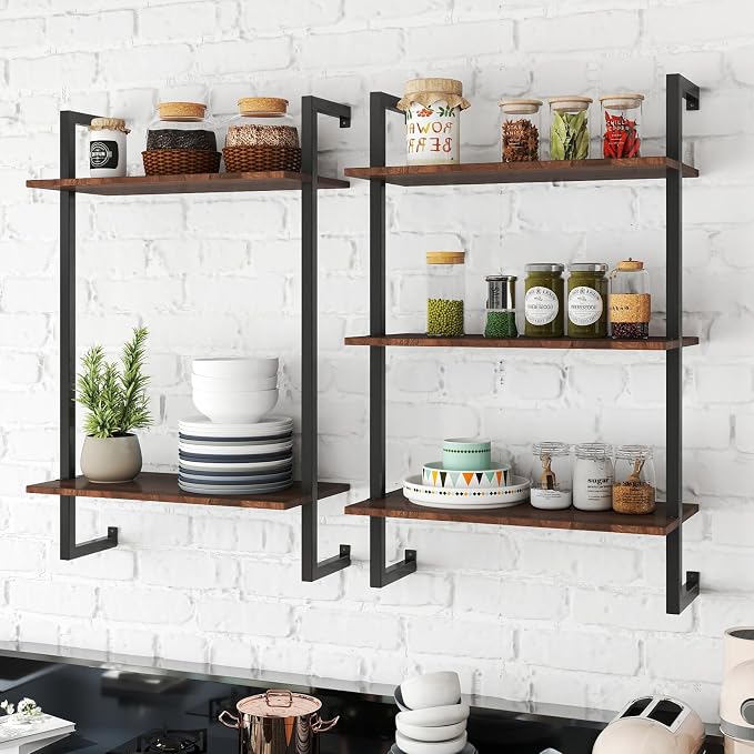Anwick 3 Tier and 2 Tier Wood Wall Mounted Bookshelf with Metal Frame Wood Hanging Storage Bookcase, Open Storage Rack for Living Room, Home, Office, Bathroom, Bedroom and Plant Flower (black1)