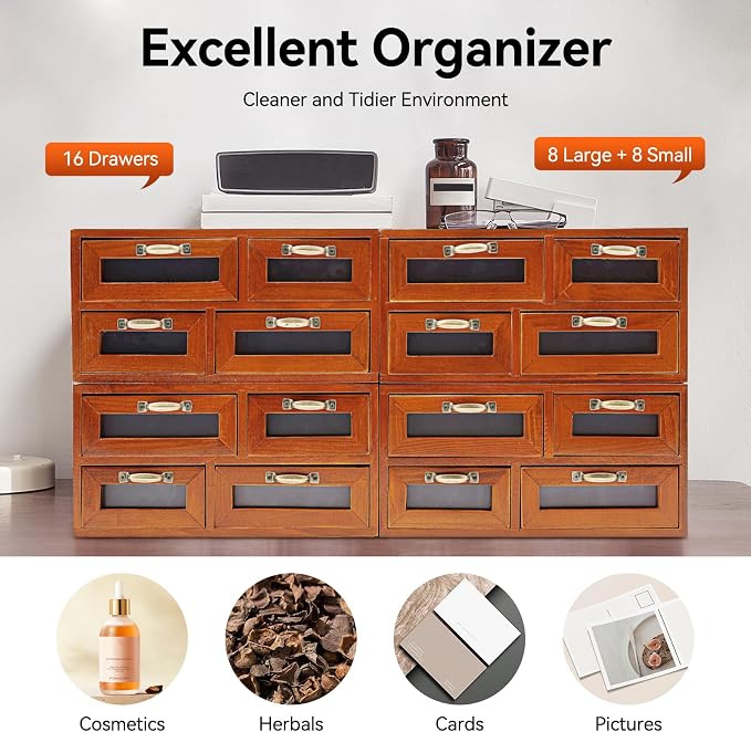 Vintage Wooden Drawers Organizer, 16-Drawer Desktop Storage Box With Drawers, Iron Label Holders, Apothecary Cabinet For Countertop Tea Coffee Pod Storage(16-Drawer/Brown2)