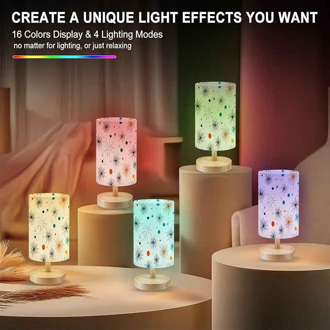 Bedside Table Lamp Seamless 50s Retro Pattern Atomic Starbust Mid Century Modern 16-Way Dimmable Small Desk Lamp with Round Flaxen Fabric Shade for Nightstand Bedroom Living Room Home Decor