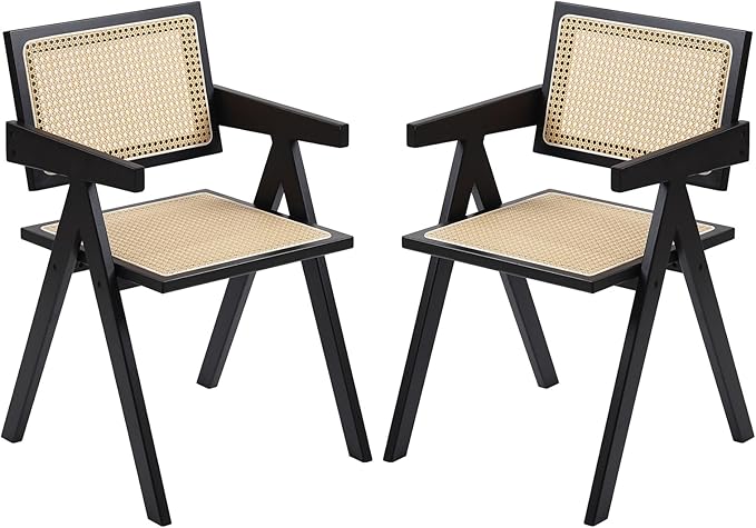 Furlide Rattan Dining Chairs Set of 2, Modern Mid Century Dining Chairs with Arms, Outdoor Bamboo Chairs for Bedroom, Living Room, Reading Room, Black