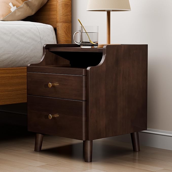 Narrow Nightstand with Drawers, Pre-Assembled Solid Wood Small Skinny Night Stand with Open Sliding Shelf Slim Bedside Table for Bedroom, Slim Side Table (1, Black Walnut, 16")