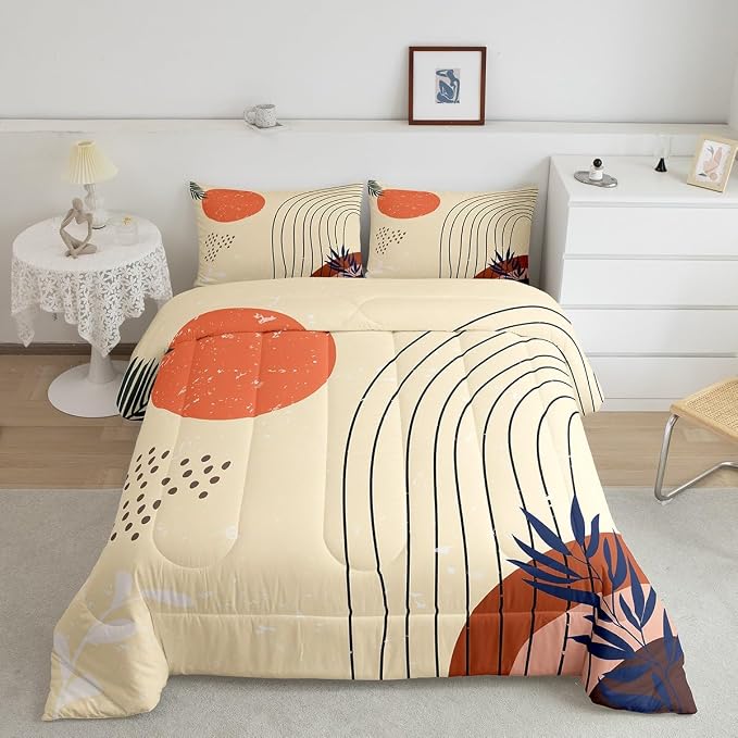 Retro Minimalism Bedding Set King Hippie Modern Comforter Set, Mid Century Duvet Insert Abstract Art Quilt Sets, Geometric Lines Stripes Bedding Comforters & Sets Red Sun Print Bedroom Decoratives