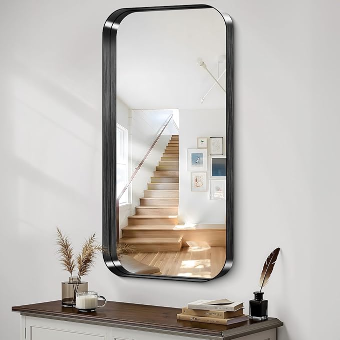 CIRCUMI Black Bathroom Mirror, 24"x48" Rectangular Mirror with Deep Metal Frame, Rounded Corner, Tempered Glass, Large Mirror for Wall, Over 2 Sinks, Installed Vertically/Horizontally, Crystal-Clear