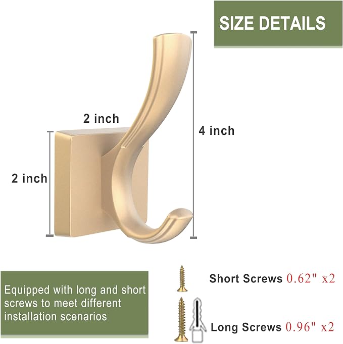TOFIIGREM Gold Hooks for Wall Double Hooks, Heavy Duty Thick Bathroom Coat Hooks for Hanging Key Robe Hat Backpack, Wall Mount Hat Hooks Bath Towel Hooks(6 Pack, Gold)