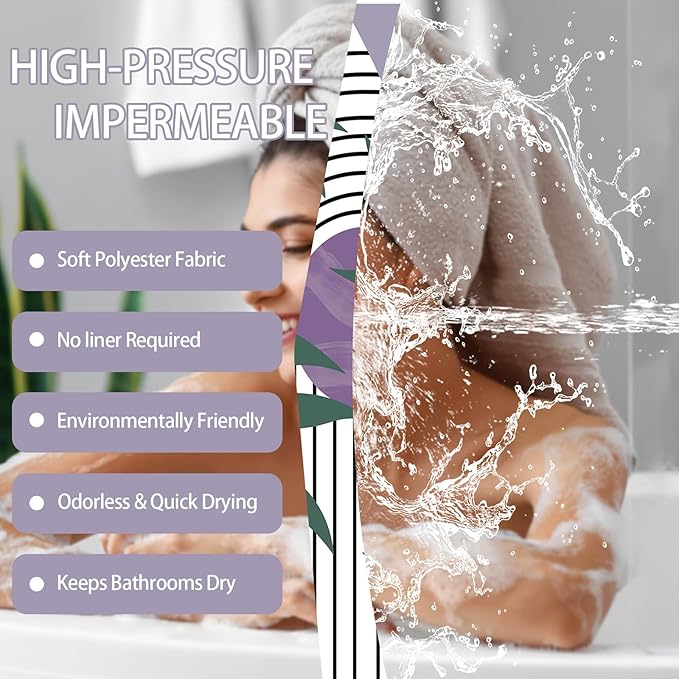 Boho Purple Shower Curtain Light Purple and Green Mid Century Modern Shower Curtains for Bathroom Decor Sets, Waterproof Fabric with Hooks, 70" W x 72" L