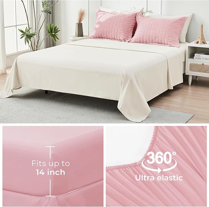 HYMOKEGE Pink/Ivory Full Size Comforter Sets Seersucker 7 Pieces, All Season Luxury Bed in a Bag for Bedroom, Bedding Set with Comforter, Sheets, Pillowcases & Shams