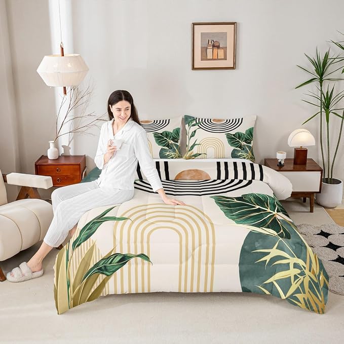 Erosebridal Mid Century Boho Bedding Set Toddler Size Abstract Art Simple Comforter Set,Minimalist Tropical Palm Leaves Bedding Comforter Sets Modern Bohemian Aesthetic Quilt,Green Gold