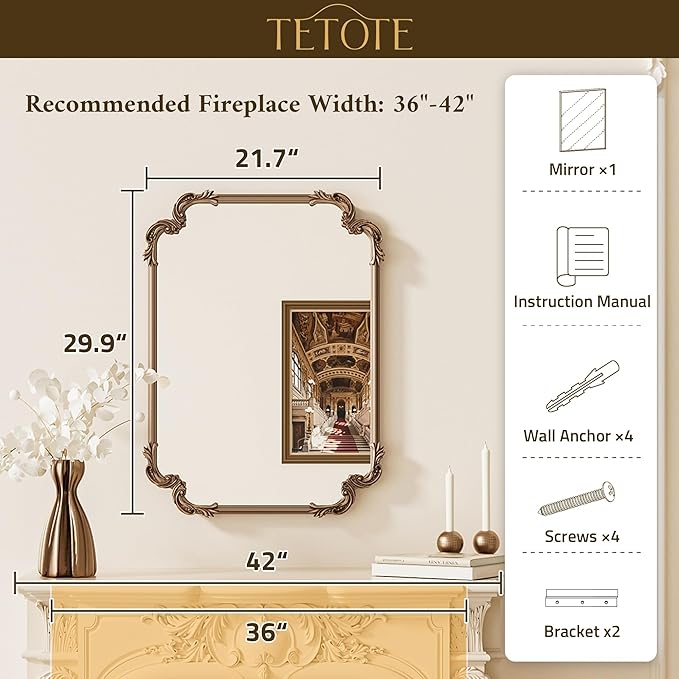 TETOTE Vintage Baroque Gold Rectangle Mirror for Wall 22 x 30 Antique Brass Scroll Rounded Corner Frame French Mantle Mirror for Fireplace Bathroom Living Room Bedroom Decor, Horizontal/Vertical