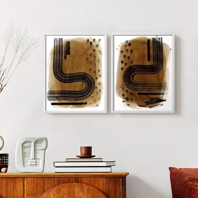Renditions Gallery Set of 2 Peel & Stick Framed Prints, Abstract Wall Art, Hand Drawn Ink Curves Wall Decor, Re-Stickable - Ready to Hang - 16"x20" - White Frame LT588