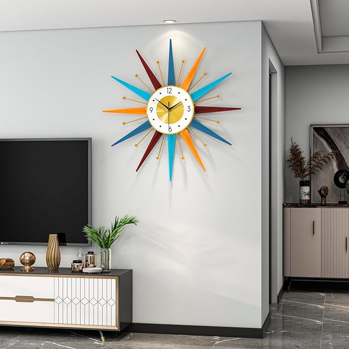 Large Starburst Wall Clock for Living Room Decor 24 Inch Metal Decorative Mid Century Wall Clcok Big Modern Silent Quality Quartz Clock Battery Operated Non Ticking for Kitchen Office Bedroom