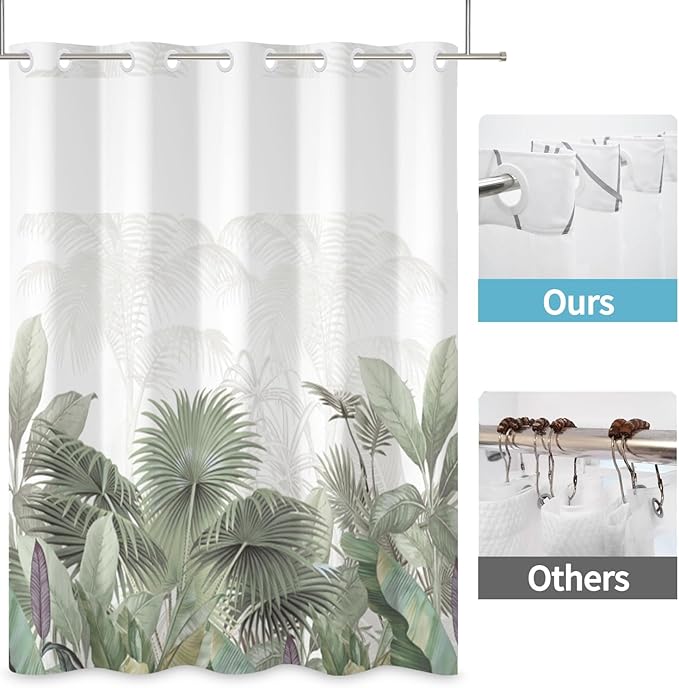 No Hook Shower Curtain with Snap in Liner Green Leaves Tropical Shower Curtains for Bathroom Sets Gradient Textured Bath Curtains with Mesh Top Window Fabric Waterproof Washable 71x74 Inch