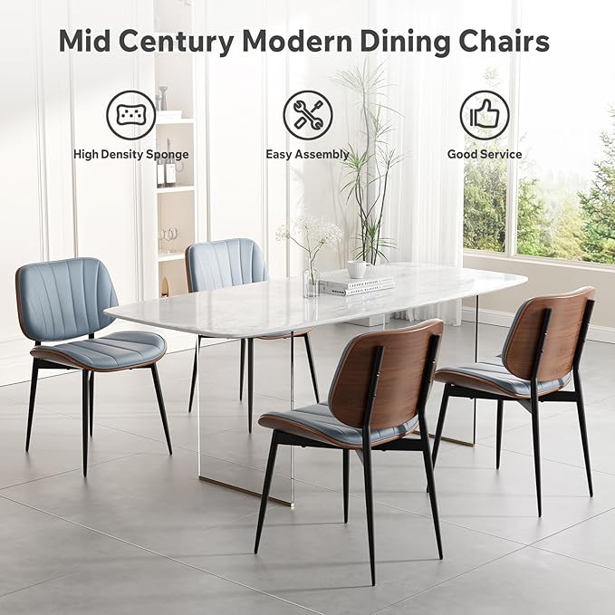 Dining Chairs Set of 4, Mid Century Modern Dining Room Chair, Upholstered Faux Leather Kitchen Chairs with Walnut Bentwood Back and Metal Legs for Kitchen Dining Room Living Room, Blue