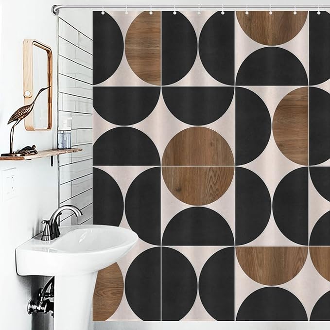 Mid Century Circle Patterned Shower Curtains Modern Black Brown Wood Board Texture Washable Waterproof Fabric for Bathroom Decor Bathtub with 12 Hooks 66x72in（168x183cm）
