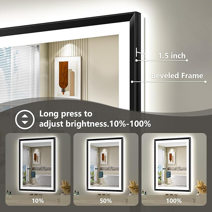 36x30 Black Framed LED Bathroom Mirror with Lights, Backlit and Front Light, Lighted Bathroom Vanity Mirror for Wall Dimmable Anti-Fog Memory Tempered Glass Horizontal/Vertical