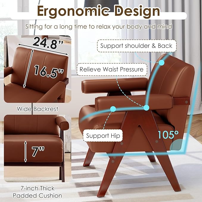 STHOUYN Brown Leather Accent Chairs Set of 2, Mid Century Modern Chair Set of 2, Side Arm Chairs for Living Room, Office Guest Waiting Room Lobby Chairs (2, Brown)