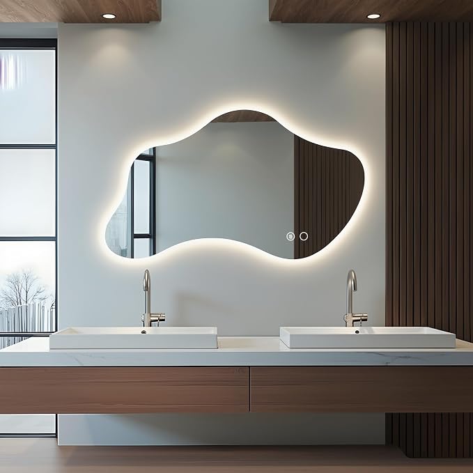 55.1″ Asymmetrical Bathroom Mirror with Lights, LED Irregular Wall Mirror, Abstract Modern Lighted Vanity Mirror for Wall, Anti-Fog, Dimmable, Horizontal/Vertical