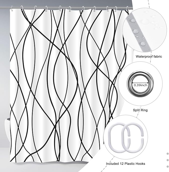 Punkray Black and White Striped Wavy Line Polyester Shower Curtain for Bathroom with Hooks, Shower Curtain Set Stripe Bath Curtains Decor Weighted Hem Washable, 60 x 72