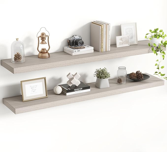 48 Inch Floating Shelves, 8 Inch Deep Floating Shelves for Wall, Hanging Shelf with Invisible Brackets, Deep Shelves for Bathroom, Bedroom, Living Room, Grey, Set of 2