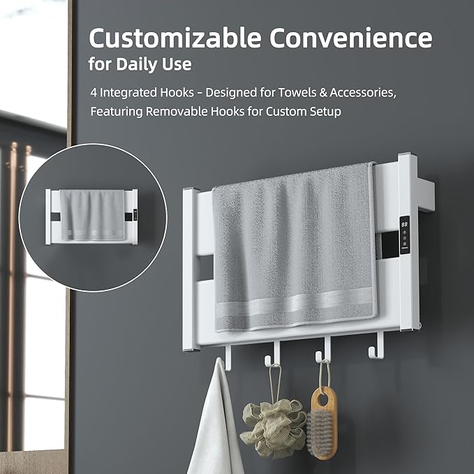 K&KALONZO Smart Electric Towel Warmer with 3-Level Timer & Temp Control, 2H Rapid Dry Aerospace Aluminum Heated Towel Rack, Hardwired/Plug-in Wall Mounted Towel Heater with 4 Hooks, White,H2-W