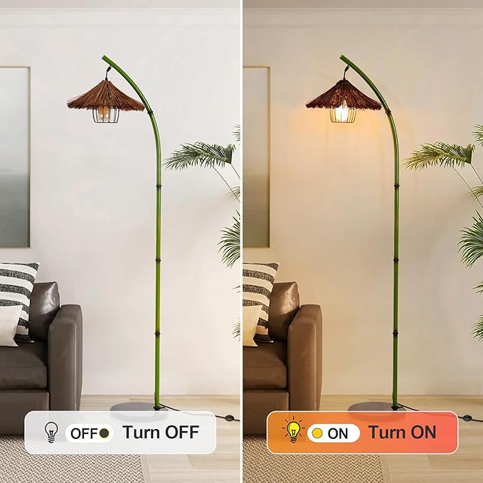 beaysyty Bamboo Floor lamp Mid Century Rattan Retro Floor lamp Bohemian,Arc Floor Lamps for Living Room Tall Reading Lamps Antique Rattan Style for Bedroom Dining Room Farmhouse Study (Green)