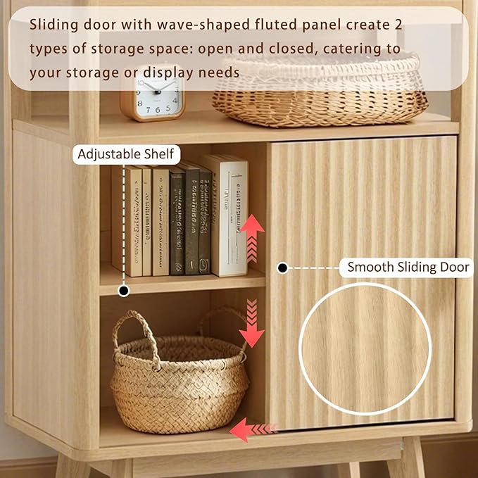 Fluted Floor Bathroom Cabinet with Sliding Door, Modern 3 Drawers Storage Organizer with Adjustable Shelf, Mid Century Bathroom Cabinet with Curved Edge for Bathroom Dining Room (Natural Oak)