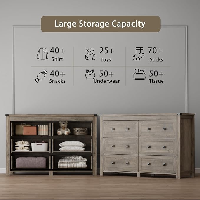 6 Drawer Dresser for Bedroom, Grey Modern Dressers & Chests of Drawers with Metal Handles, Closet Storage Dresser, Storage Cabinet and Organizer with Drawers, Gray