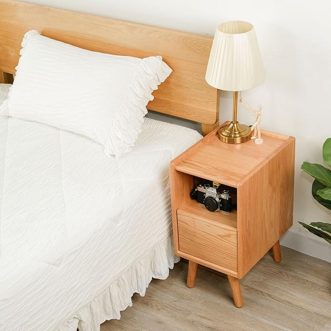 Night Stand, Solid Wood Nightsatnd with One Drawer & Open Shelf, Mid Century Modern Nightstand, Durable & Sturdy Small End Table, 11.81 W x 15.75 D x 22.05 H Inches, (Natural)