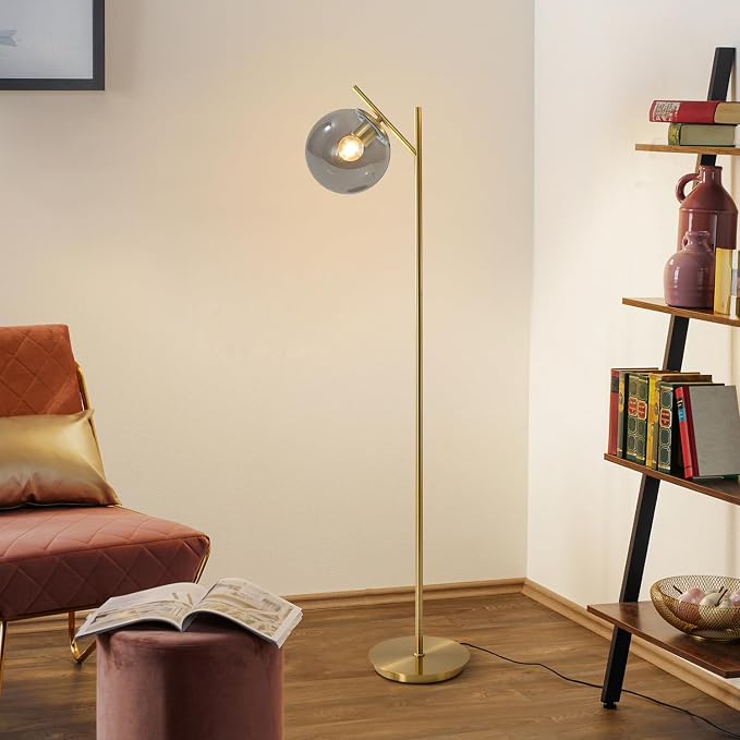 Farmhouse Floor Lamp Retro Smoky Gray Glass Standing Tall Lamps Vintage Brass Freestanding Floor Lamps Adjustable Globe Floor Lamp for Office Bedroom