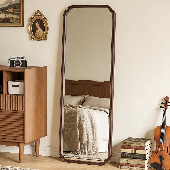 HOMECOOKIN Full Length Mirror Wall Mounted, Rustic Wooden Frame Floor Mirror, Rounded Corner Large Full Body Mirror for Bedroom,Dressing Room， Leaning or Hanging Against Wall (Walnut, 71" L x 24" W)