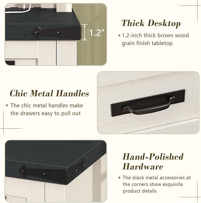 YOMILUVE Farmhouse Computer Desk with Drawers, 47" Small Computer Desk with Power Outlets, Home Office Desk with Monitor Stand & 4 Drawers, Writing Study Table, Black & White