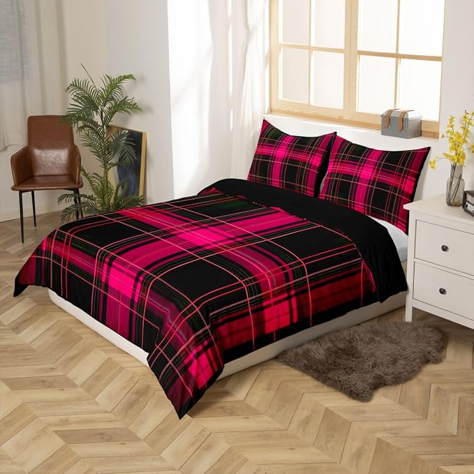 Erosebridal Geometric Plaid Grid Comforter Cover Queen Modern Checkered Tartan Bedding Set for Kids Teens Vintage Pink Black Duvet Cover Farmhouse Cabin Decor Bedroom Decor, Zipper