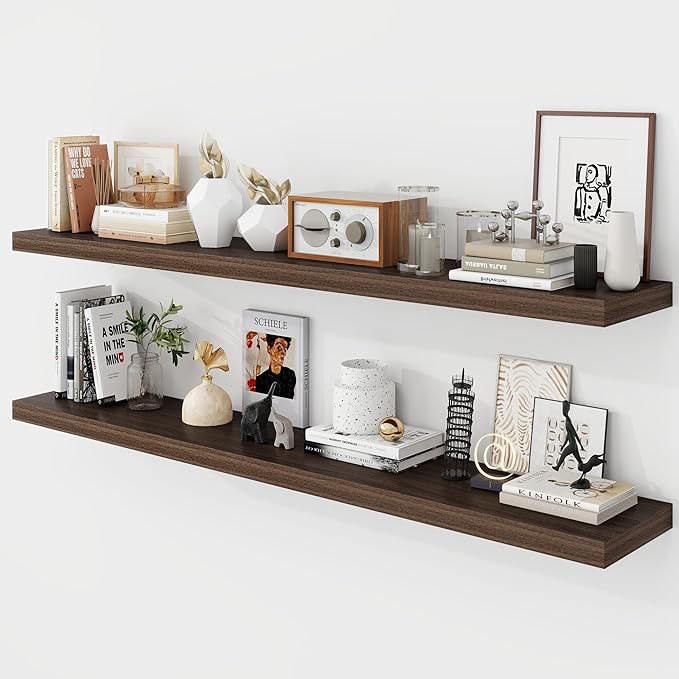 55 Inch Floating Shelves, 9.3" Deep Floating Shelf Wall Mounted, 56" Wall Shelves, Rustic Deep Bookshelf, Large Display Shelves & Storage Shelves for Bedroom, Living Room, Walnut, Set of 2