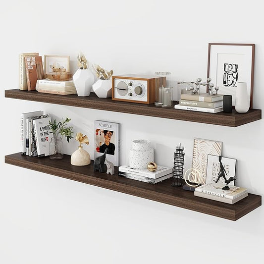 55 Inch Floating Shelves, 9.3" Deep Floating Shelf Wall Mounted, 56" Wall Shelves, Rustic Deep Bookshelf, Large Display Shelves & Storage Shelves for Bedroom, Living Room, Walnut, Set of 2