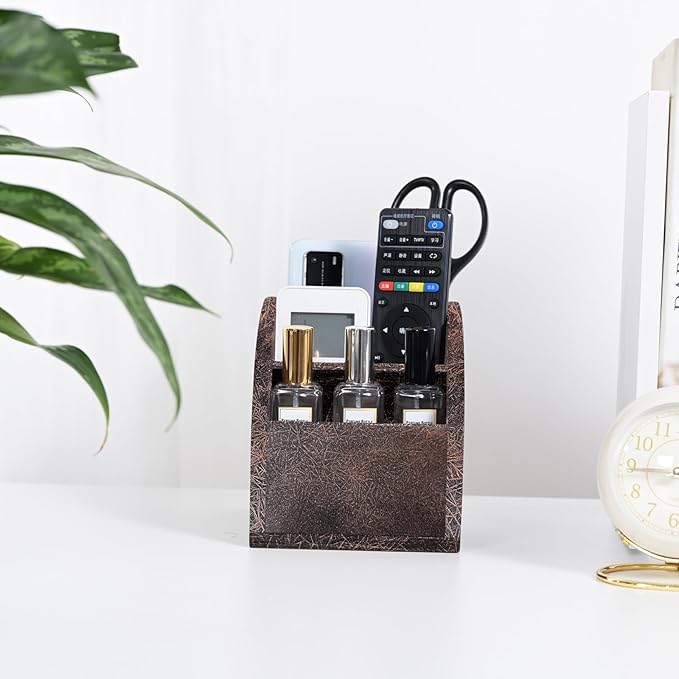 Rustic Vintage Wooden Desk Organizer Farmhouse Wood Remote Control Caddy 3 Slot Tabletop Desktop Office Supply Storage Rack Desktop TV Remote Control Holder Home Decor Office Supplies (Metallic color)