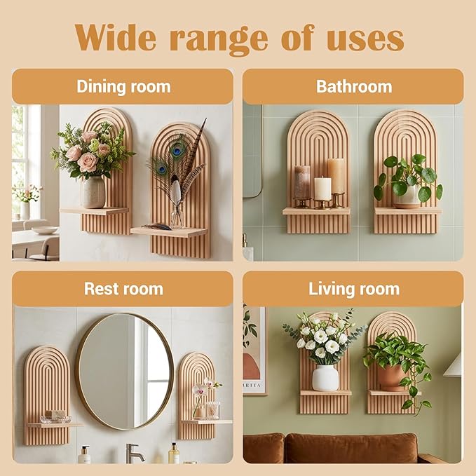 3 Pack Boho Wall Decor Set, 7” x 4.5” x 13.8” Natural Solid Wood Arch Wall Shelves, Mid-Century Modern 3D Hanging Shelves for Living Room, Bedroom, Bathroom, Farmhouse Candle Holder & Display