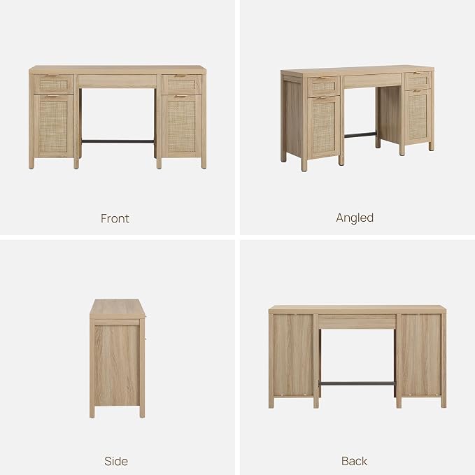SICOTAS Rattan Executive Desk with Storage - 52" Large Home Office Desk with 3 Drawers and 2 Cabinets, Boho Computer Table for Study, Office, Living Room, Light Oak