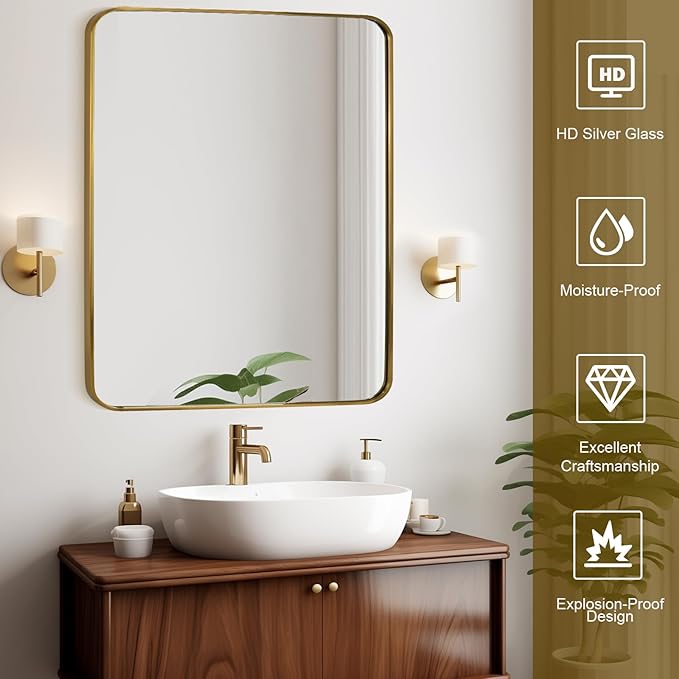 Gold Wall Mirror for Bathroom 28X36 Inch Stainless Steel Metal Frame Bathroom Vanity Mirror Rounded Rectangle Mirror Rustproof for Entryway, Living Room Hangs Vertically or Horizontally
