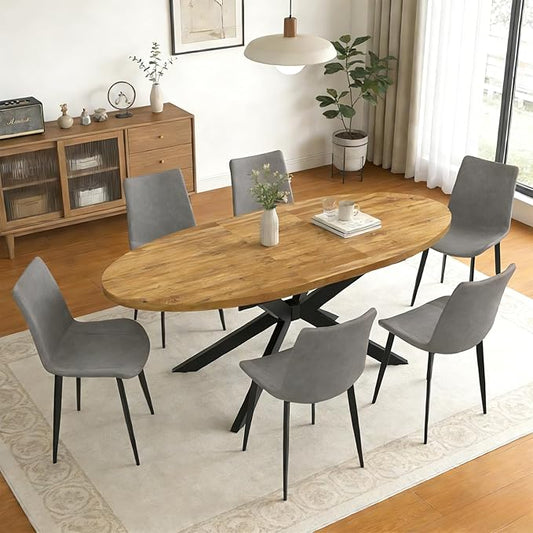 63"-78.7" Extendable Round Dining Table Set for 6, 7 Piece Mid Century Modern Oval Kitchen Table Set, Large Dining Table with 6 Dining Chairs for Living Room Space Saving（Walnut Table+6 Grey Chairs)