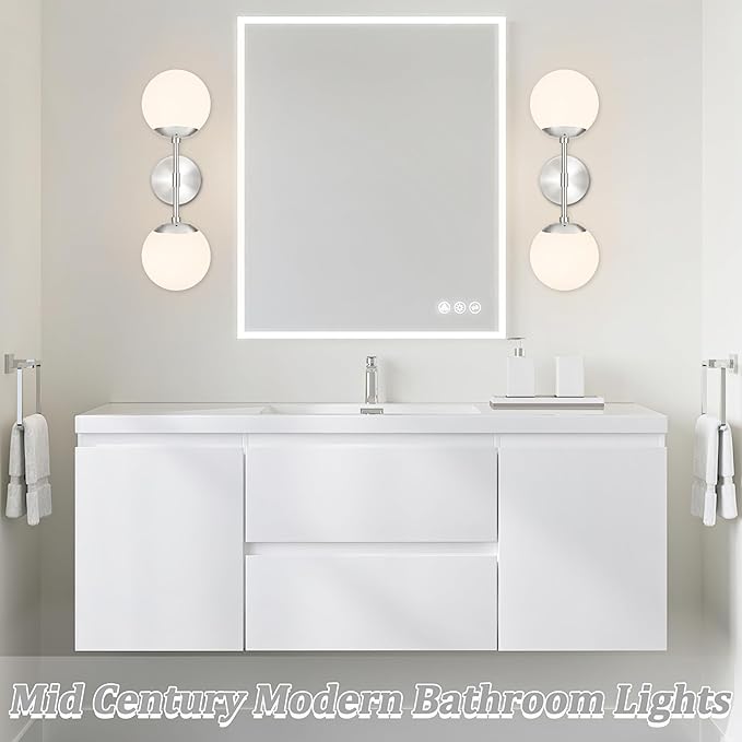 KoKo&Yukina Nickel 2 Light Vanity Light Fixtures Mid Century Modern Bathroom Vanity Light Globe Sconce with Milky White Glass for Bathroom Bedroom
