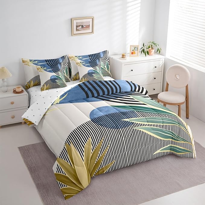 Erosebridal Mid Century Modern Bedding Sets Full Modern Boho 7 Piece Comforter Set,Abstract Minimalist Art Bed in a Bag Arch Curve Leaves Aesthetic Sheet Set with Comforter,Blue Green
