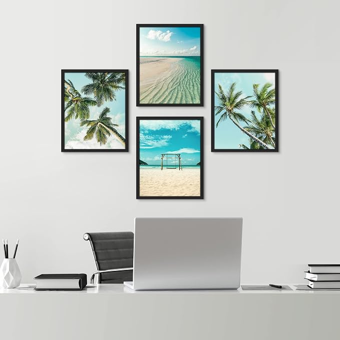 SIGNWIN Framed White Topical Teal Sky Palm Tree Beach Ocean Seaside Wall Art, Set of 4 Landscape Colorful Wall Decor Prints, Nature Wilderness Wall Décor for Living Room, Bedroom - 11"x14" Black