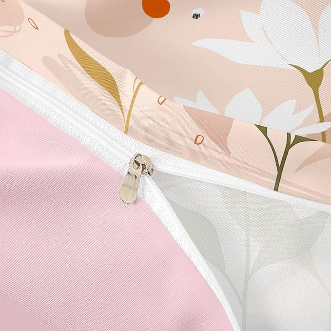 Erosebridal Boho Minimalist Duvet Cover Twin Hippie Abstract Art Bedding Set, Botanical Plants Comforter Cover White Flower Floral Bed Set Modern Mid Century Bedding Girly Pink Room Decor