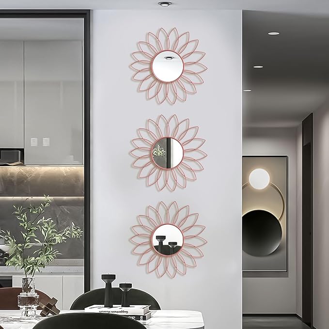 3 Pack Metal Mirrors for Wall Sunburst Wall Mirrors Home Décor Decorative Hanging Wall Art for Living Room Bedroom Entryway (Pink, Flowers)