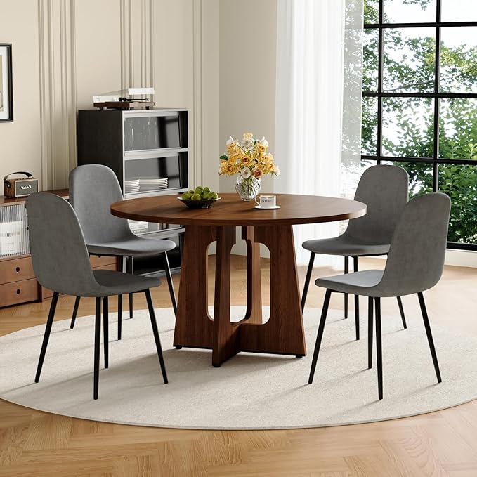 47" Round Dining Table Set for 4, Walnut Wood Grain Table and 4 Dark Gray Linen Upholstered Chairs Set, Mid Century Modern Kitchen Table Set with Cross Legs