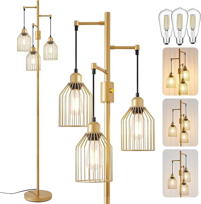 Dimmable Industrial Floor Lamp with 3 Cage Heads, 68.5" Gold Tree Standing Lamp with Stepless Dimming, Modern Farmhouse Tall Pole Light for Living Room, Bedroom, Office, E26 Base (Bulbs Included)