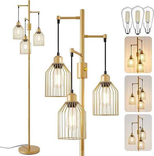 Dimmable Industrial Floor Lamp with 3 Cage Heads, 68.5" Gold Tree Standing Lamp with Stepless Dimming, Modern Farmhouse Tall Pole Light for Living Room, Bedroom, Office, E26 Base (Bulbs Included)