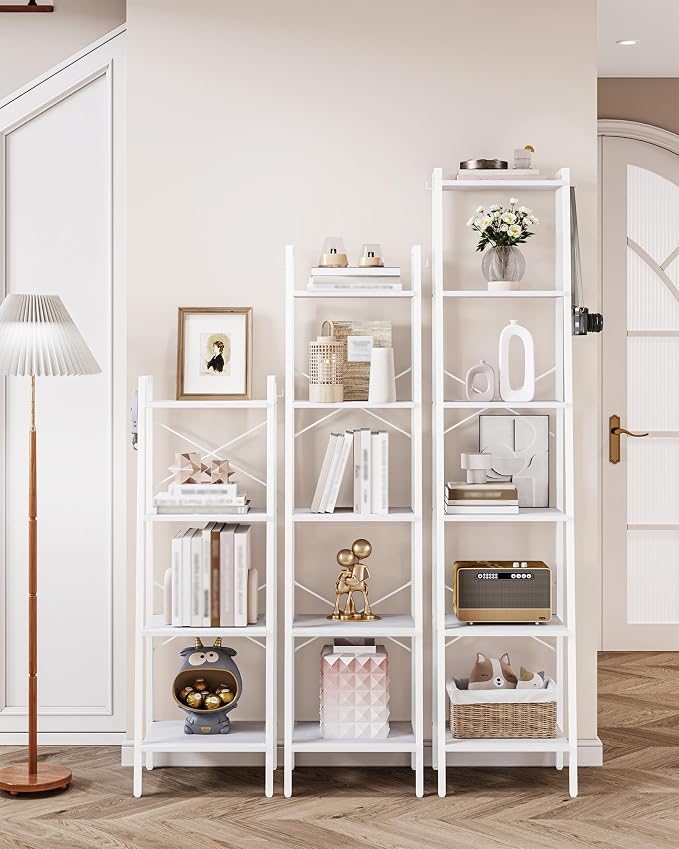 Hzuaneri Ladder Shelf, Bookshelf Bookcase, Freestanding Corner Storage Shelve with 2 Hooks for Home Office, Living Room, Kitchen, Bedroom, Industrial, 4-Tier White BC13213W